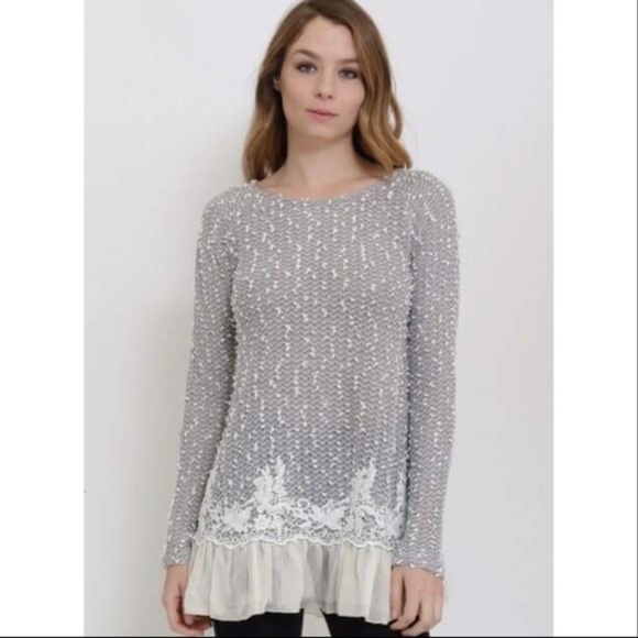 Lace and Ruffle Gray Feminine Sweater - Picture 3 of 6